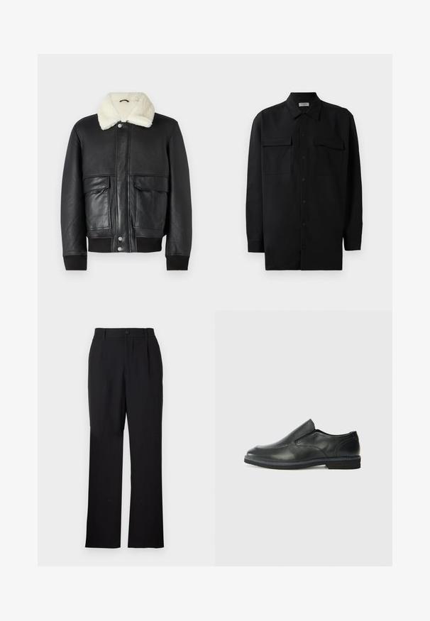 Black leather jacket with a cream shearling collar, featuring two front pockets and ribbed cuffs at the hem and sleeves.; Black button-up shirt made of smooth fabric, featuring a classic collar, two front pockets, and long sleeves with button cuffs.; Only & Sons ONSJEREMY LOOSE PANT - Trousers - black; Black leather slip-on shoe with a smooth upper, stitched accents, rounded toe, and a low rubber heel. Sole features minimal tread.