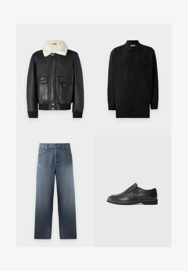 Juodas odinis švarkas su kreminės spalvos avikailio apykakle, turintis dvi priekines kišenes ir raukšlėtus rankogalius ant hem ir rankovių.; Juodas marškinis su mygtukais, pagamintas iš lygaus audinio, turi klasikinius apykaklės, du priekiniai kišeniai ir ilgus rankovės su mygtukais.; Mėlynos džinsinės kelnės su tiesiu pjūviu, turinčios penkis kišenes, sagą ir užtrauktuką, bei subtilių nusidėvėjimo efektų.; Juodai odiniai įtvirtinimo batai su lygiu paviršiumi, siuvinėjimo akcentais, apvalia nosimi ir žemu guminiu kulnu. Pado raštas minimalus.