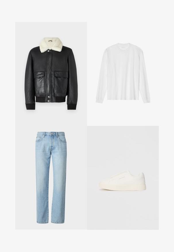 Melnas ādas jaka ar krēmkrāsas aitas vilnu apkakli, kurai ir divi priekšējie kabati un ribota apakšmala un piedurknes.; Garas piedurkņu balta kokvilnas T-kreklu ar apaļu kakla izgriezumu un ribotām aprocēm. Vienkāršs, neizpušķots dizains ar gludu tekstūru un standarta piegriezumu.; Gai zilu džinsi ar taisnu griezumu, ar klasisku piecu kabatu dizainu un smalkām izbalēšanas zīmēm visā audumā.; Baltas slip-on sporta apavi ar teksturētu virsmu, biezu zoli un minimālistisku dizainu. Sānos redzams zīmola logotips.