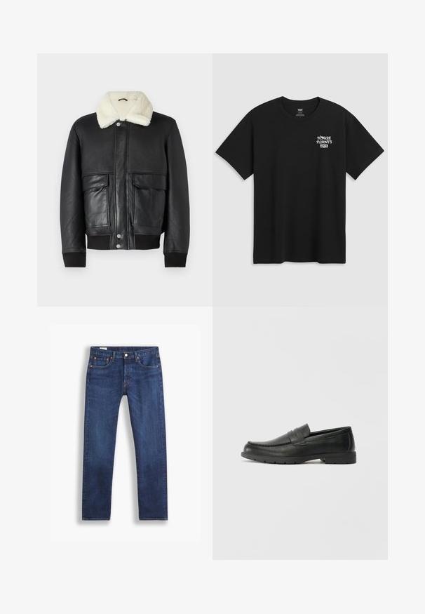 Čierna kožená bunda s krémovým beránkovým golierom, s dvoma prednými vreckami a rebrovanými manžetami na leme a rukávoch.; Čierne bavlnené tričko s potlačou na hrudi, ktorá znie "DOMÁCE RASTLINY" v bielej štýlovej typografii s "Levi's" nižšie. Klasický strih s okrúhlym výstrihom.; Tmavomodré rovné džínsy s klasickým päťvreckovým štýlom a uzáverom na gombík, zobrazené na bielom pozadí.; Čierne kožené mokasíny s hladkým povrchom, vrchnou časťou v štýle mokasín, prešitým detailom a gumovou podrážkou. Klasický dizajn s nízkym podpätkom.