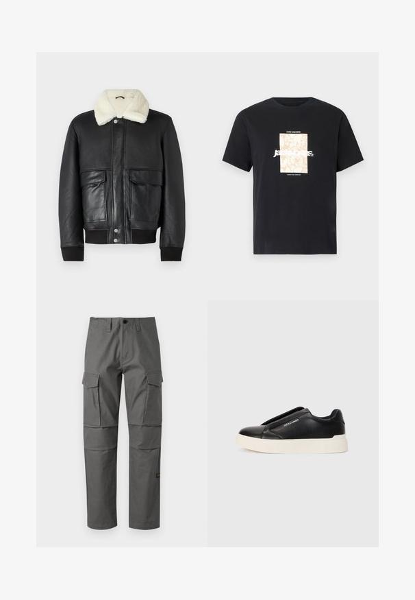 Čierna kožená bunda s krémovým beránkovým golierom, s dvoma prednými vreckami a rebrovanými manžetami na leme a rukávoch.; Čierne bavlnené tričko s okrúhlym výstrihom. Na prednej strane sa nachádza béžová obdĺžniková grafika s bielym textom "JAWO," ktorý je umiestnený na stred. Krátke rukávy.; Šedé cargo nohavice vyrobené z odolného materiálu, s priamym strihom, viacerými bočnými vreckami a viditeľnými švovými detailmi.; Čierne tenisky na gumenú podrážku so štruktúrovaným koženým vrchom, biela gumová podrážka a žiadne viditeľné šnúrky. Na boku sa nachádza logo značky.
