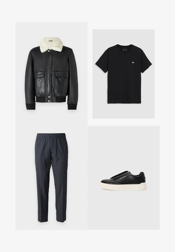 Czarna skórzana kurtka z kremowym kołnierzem z owczej wełny, z dwoma przednimi kieszeniami i ściągaczami u dołu i na rękawach.; Czarny bawełniany t-shirt z krótkim rękawem, okrągłym dekoltem, z małym białym logo Levi's na piersi, gładka struktura, klasyczny krój.; Tkaninowe ciemnoszare spodnie z elastycznym pasem, prostym krojem nogawek, subtelną teksturą oraz bez widocznych elementów metalowych i wzorów.; Czarne trampki wsuwane z teksturowanej skóry, biała gumowa podeszwa i brak widocznych sznurówek. Posiadają logo marki z boku.