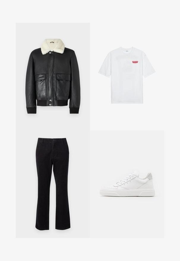 Schwarze Lederjacke mit einem krämfarbenen Schaffellkragen, ausgestattet mit zwei Fronttaschen und gerippten Bündchen am Saum und den Ärmeln.; Weißes Baumwoll-T-Shirt mit kurzen Ärmeln, Rundhalsausschnitt und einem roten grafischen Text "LECKERER ERFRISCHENDER FRUCHT" auf der Vorderseite.; Schwarze Cordhosen mit ausgestellt geschnittenem Bein, ausgestattet mit einem Frontknopfverschluss und praktischen Taschen. Glatte Textur mit vertikalen Rippungen.; Weiße Leder-Sneaker mit glatter Oberfläche, rundem Zehenbereich, flachen Schnürsenkeln und strukturiertem Schuhsohlen. Graues Wildleder-Detail an der Ferse.