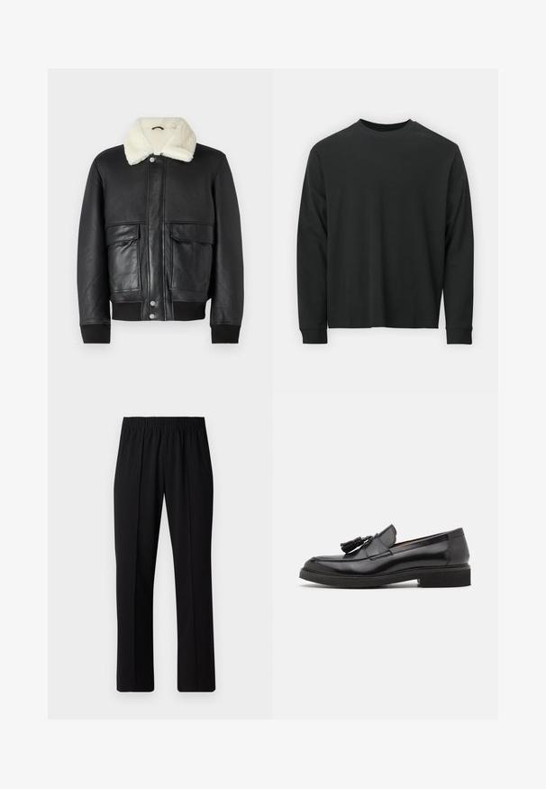 Czarna skórzana kurtka z kremowym kołnierzem z owczej wełny, z dwoma przednimi kieszeniami i ściągaczami u dołu i na rękawach.; Czarna koszulka z długim rękawem, wykonana z bawełny, z okrągłym dekoltem, luźnym krojem i ściągaczami na rękawach. Gładka tekstura bez widocznych wzorów.; Czarne spodnie z elastycznym pasem o prostym kroju, z gładką strukturą i bez widocznych wzorów czy elementów metalowych.; Czarne skórzane mokasyny z detalem w postaci chwostów, okrągłym noskiem i teksturowaną podeszwą. Cechują się gładkim wykończeniem i minimalistycznym wzornictwem.