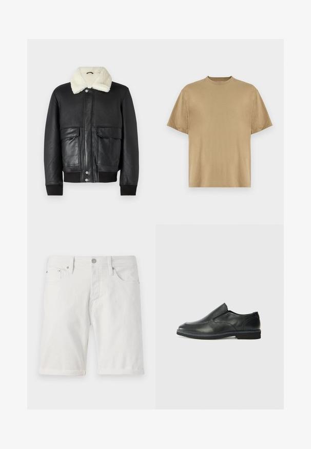 Juodas odinis švarkas su kreminės spalvos avikailio apykakle, turintis dvi priekines kišenes ir raukšlėtus rankogalius ant hem ir rankovių.; Kaki trumpas rankovėmis marškinėliai, pagaminti iš minkštos medžiagos, su apvaliu iškirpimu ir laisvu siluetu. Nėra matomų raštų ar grafikos.; Balti džinsiniai šortai su klasikinio kirpimo, su suktiniu apvadu, priekinėmis kišenėmis ir metaline sagtele. Lygus paviršius.; Juodai odiniai įtvirtinimo batai su lygiu paviršiumi, siuvinėjimo akcentais, apvalia nosimi ir žemu guminiu kulnu. Pado raštas minimalus.