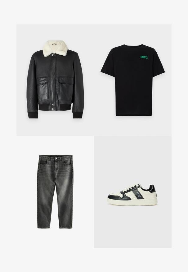 Giubbotto di pelle nera con colletto in shearling color crema, dotato di due tasche frontali e polsini a coste all'orlo e alle maniche.; T-shirt nera in cotone con maniche corte. Presenta un logo verde "ROOTS" sulla parte frontale, colletto rotondo e vestibilità standard.; Jeans in denim grigio scuro con una vestibilità comoda, cinque tasche, leggera scoloritura e cuciture a contrasto. Chiusura con bottone metallico e zip.; Sneakers in pelle con una combinazione di colori nero e crema, dotati di dettagli perforati, collare imbottito e suola testurizzata.