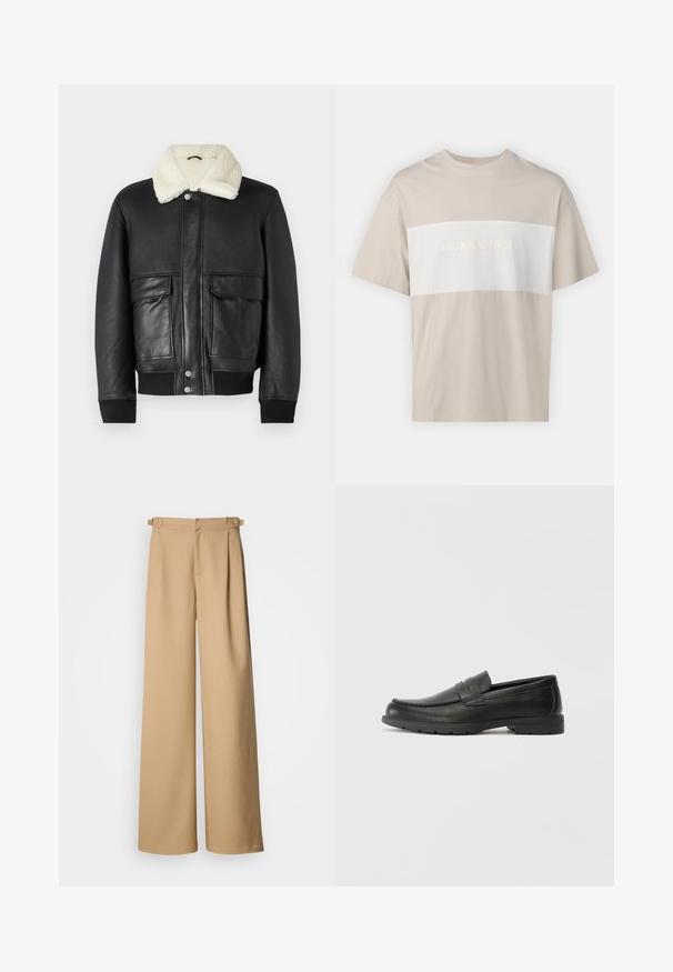 Fekete bőrkabát krém színű, gyapjúszerű gallérral, két első zsebbel és bordás passzéval az alsó részén és az ujjaknál.; Beige pamut póló, amelyen egy fehér vízszintes panel található, rajta embossed betűtípussal a "JACK & JONES ESSENTIALS WORLDWIDE" felirattal. Rövid ujjú.; Beige széles lábú nadrág magas derékkal, redőzött elülső résszel és övhurkokkal. Simaságával és letisztult, minimalista designjával készült.; Fekete bőr mokaszinok sima felülettel, a mokaszin stílusú felsőrésszel, varrott részletezéssel és gumitalppal. Klasszikus dizájn alacsony sarokkal.