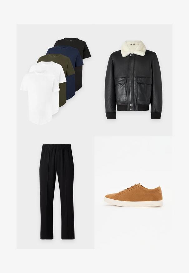 Giubbotto di pelle nera con colletto in shearling color crema, dotato di due tasche frontali e polsini a coste all'orlo e alle maniche.; Cinque t-shirt girocollo a maniche corte semplici nei colori bianco, verde oliva, blu navy e nero, disposte in una pila sovrapposta.; Pantaloni neri con vita elasticizzata e design a gamba dritta, caratterizzati da una texture liscia e senza motivi o hardware visibili.; Sneaker in suede marrone con design low-top, suola in gomma bianca e punta rotonda. Presenta lacci abbinati e una grafica minimal sul tallone.