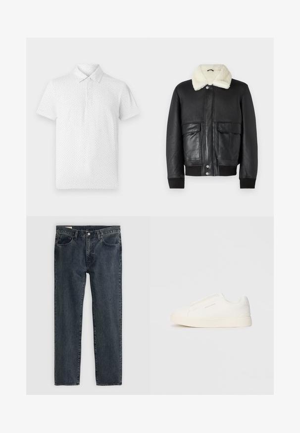 Zwarte leren jas met een crèmekleurige schapenwollen kraag, voorzien van twee voorkruisen en geribde manchetten aan de onderkant en mouwen.; Witte polo met korte mouwen, voorzien van een klein geometrisch patroon, drie knopen op de kraag en een klassieke pasvorm. Gemaakt van ademende stof.; Donkerblauwe denim jeans met een recht model, vijf zakken en een knoopsluiting. De stof toont een subtiele vervaging en textuur.; Witte instap sneakers met een gestructureerd oppervlak, een dikke zool en een minimalistisch ontwerp. Bevat het merklogo aan de zijkant.