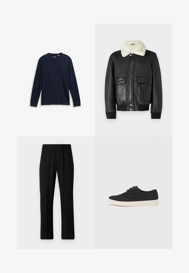 Jachetă din piele neagră cu guler din blană crem, având două buzunare frontale și manșete ribbed la tiv și la mâneci.; Tricou lung cu mâneci, de culoare bleumarin, realizat din bumbac moale, având un guler rotund, margini cusute și un mic logo brodat pe piept.; Pantaloni negri cu talie elastică, cu un design cu picioare drepte, având o textură netedă și fără modele sau accesorii vizibile.; Pantofi negri din suede, cu sireturi, cu vârful rotund, talpă ușoară de culoare crem și accente subtile de cusuturi albastre pe partea superioară.