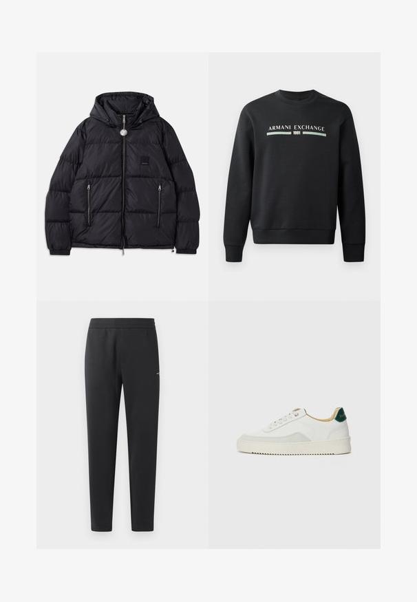 Černá péřová bunda s kapucí, s prošívanou texturou, zapínáním na zip vpředu, dvěma bočními kapsami a malou nášivkou loga na hrudi.; Černá mikina vyrobená z měkké látky. Má klasický kulatý výstřih a dlouhé rukávy. Na přední straně je nápis "ARMANI EXCHANGE" a "1991" v kontrastních barvách.; Černé joggingové kalhoty vyrobené z měkké tkaniny, s elastickým pasem, rovnými nohavicemi a malým logem na boku.; Bílé tenisky se semišovými prvky, kulatou špičkou, plochými tkaničkami a krémovou gumovou podrážkou. Na patě mají zelené logo.