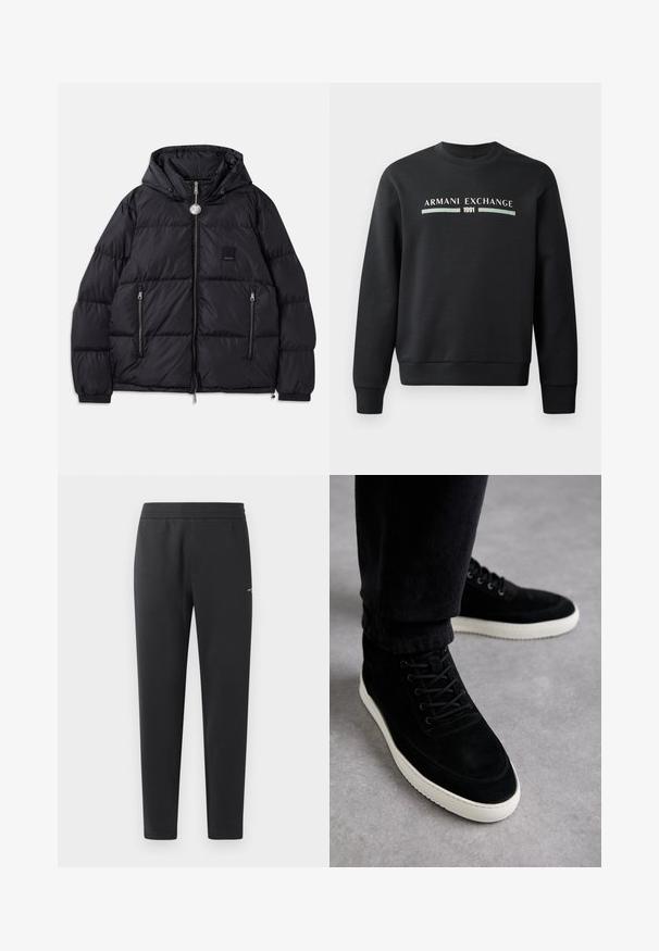 Melnā pūkainā jaka ar kapuci, ar quilted tekstūru, ar rāvējslēdzi priekšā, divām sānu kabatām un mazu logo uzšūtu uz krūtīm.; Melna sporta krekla izgatavots no mīksta auduma. Tam ir apaļš kakls un garas piedurknes. Priekšpusē ir rakstīts "ARMANI EXCHANGE" un "1991" kontrastējošās krāsās.; Melni sporta bikses, kas izgatavotas no mīkstas auduma, ar elastīgu jostasvietu, taisnām kājām un nelielu logotipa detaļu sānos.; Melnas zamšādas augstās sneakers ar baltu gumijas zoli, ar auklām un šuvju detaļām, uz neitrāla fona.