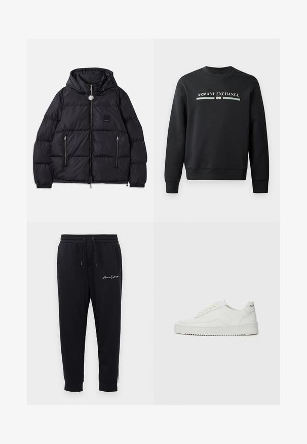Zwarte pufferjack met capuchon, voorzien van een gewatteerde textuur, een rits aan de voorkant, twee zijzakken en een klein logo-op-patch op de borst.; Zwarte sweatshirt gemaakt van zachte stof. Heeft een ronde hals en lange mouwen. De voorkant toont "ARMANI EXCHANGE" en "1991" in contrasterende kleuren.; Zwarte sweatpants van zachte stof met een elastische tailleband en een koord, voorzien van een geborduurd logo en ritszakken.; Witte leren sneaker met een gladde afwerking, ronde neus, platte veters en een gestructureerde zool. Kenmerkt zich door een subtiel logo op de hiel.