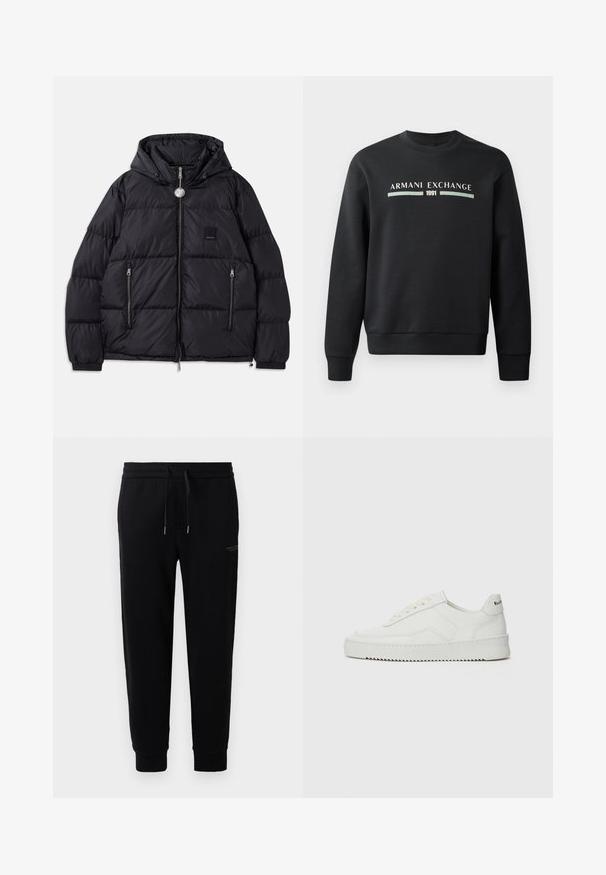 Schwarze Steppjacke mit Kapuze, mit gestepptem Textil, Reißverschluss vorne, zwei Taschen an den Seiten und kleinem Logopatch auf der Brust.; Schwarzer Sweatshirt aus weichem Stoff. Mit Rundhalsausschnitt und langen Ärmeln. Auf der Vorderseite sind "ARMANI EXCHANGE" und "1991" in kontrastierenden Farben gedruckt.; Schwarze Jogginghosen aus Baumwollmischung, mit einem elastischen Bund und Kordelzug, Bündchen an den Knöcheln und einem dezenten Logo-Druck an der Seite.; Weiße Ledersneaker mit glatter Oberfläche, runder Zehenpartie, flachen Schnürsenkeln und strukturiertem Sohlenprofil. Mit einem dezenten Logo an der Ferse.