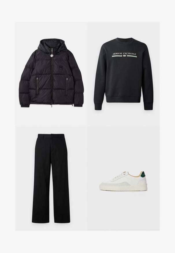 Black puffer jacket with a hood, featuring quilted texture, zippered front, two side pockets, and small logo patch on the chest.; Black sweatshirt made from soft fabric. Features a crew neckline and long sleeves. The front displays "ARMANI EXCHANGE" and "1991" in contrasting colors.; Black, wide-leg pants made of a smooth fabric. Features a flat front with belt loops and a straight cut, minimal detailing.; White sneaker with suede accents, rounded toe, flat laces, and a cream rubber sole. Features green branding on the heel.