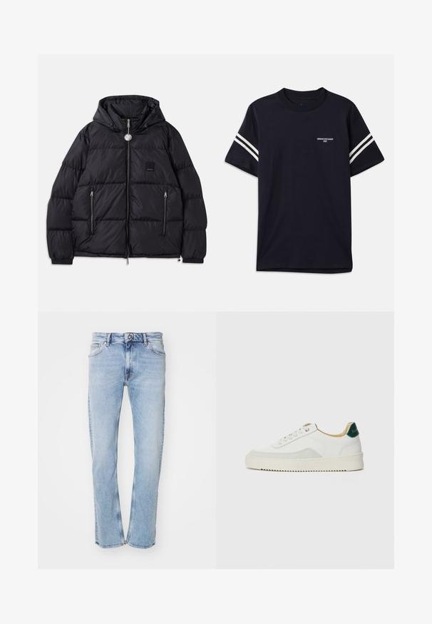 Black puffer jacket with a hood, featuring quilted texture, zippered front, two side pockets, and small logo patch on the chest.; Navy blue t-shirt made of cotton, featuring a crew neck, short sleeves, and white stripes on the shoulders, with a printed logo on the chest.; Tiger of Sweden Slim fit jeans - dust blue; White sneaker with suede accents, rounded toe, flat laces, and a cream rubber sole. Features green branding on the heel.