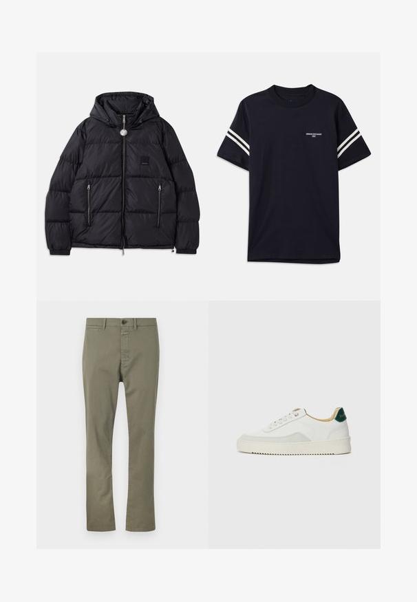 Svart puffjacka med huva, med quiltad textur, dragkedja fram, två sidofickor och en liten logotypapplikation på bröstet.; Marinblå t-shirt i bomull, med rund halsringning, korta ärmar och vita ränder på axlarna, samt en tryckt logotyp på bröstet.; Olivgröna byxor i blandmaterial av bomull, med dragkedja, knappstängning och sidofickor. Rakt ben-design med en mjuk textur.; Vit sneaker med mockadetaljer, rund tå, platta snören och en krämfärgad gummisula. Har grön branding på hälen.