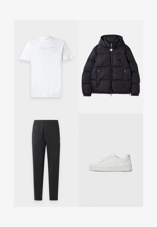 Mustard puffer jope kapuutsiga, millel on tikanditunne, tõmbluku eesosa, kaks küljetaskut ja väike logo märk rinnal.; Valge puuvillane T-särk, millel on ümmargune kaelus, lühikesed varrukad ning esiküljel reljeefne "ARMANI EXCHANGE MILANO/NEW YORK" logo.; Mustad jogger pants pehmest kangast, millel on elastne vöökoht, sirged sääred ja üks väike logodetail küljel.; Valge nahast tennis, millel on sile põhi, ümar varvas, lamedad nöörid ja tekstuuriline tall. Sisaldab diskreetset logo kontsaribal.