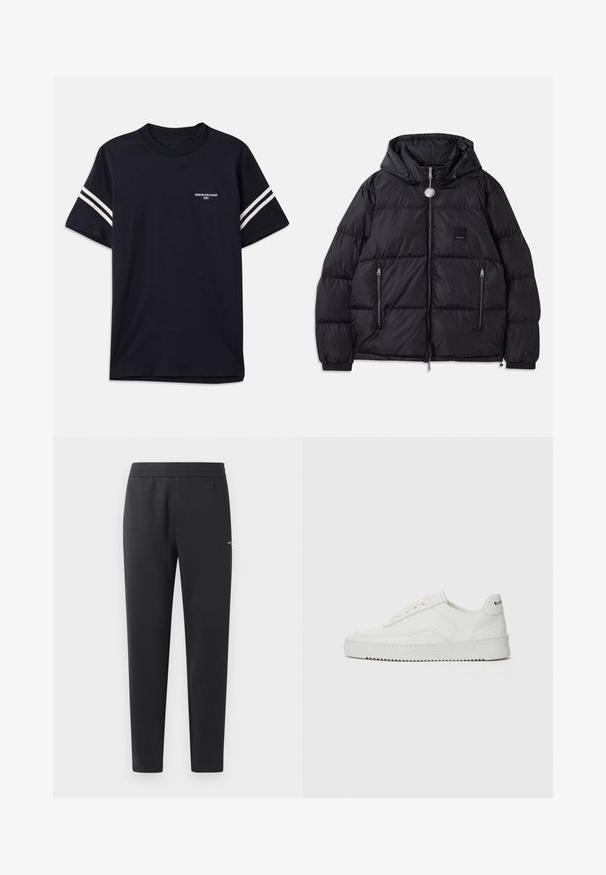 Chaqueta acolchada negra con capucha, de textura acolchada, con cremallera frontal, dos bolsillos laterales y pequeño parche con el logo en el pecho.; Camiseta azul marino de algodón, con cuello redondo, mangas cortas y rayas blancas en los hombros, con un logo impreso en el pecho.; Pantalones de chándal negros hechos de una tela suave, con una cintura elástica, perneras rectas y un pequeño detalle del logo en el lateral.; Zapatilla de cuero blanca con un acabado suave, puntera redonda, cordones planos y suela texturizada. Cuenta con un sutil logo en el talón.