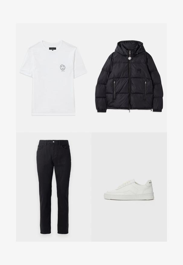 Black puffer jacket with a hood, featuring quilted texture, zippered front, two side pockets, and small logo patch on the chest.; White cotton T-shirt featuring a round neckline and short sleeves. A small black graphic smiley face with 'x' eyes on the left chest.; Black cotton trousers with a straight leg design, featuring a button closure, two front pockets, and smooth texture.; White leather sneaker with a smooth finish, round toe, flat laces, and a textured sole. Features a subtle logo on the heel.