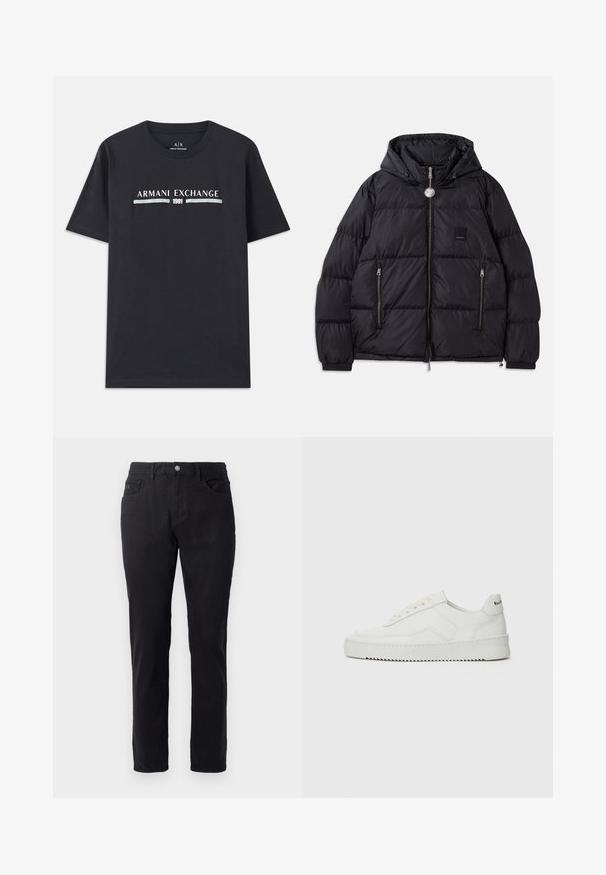 Musta puhvitakki hupulla, jossa on tikattu pinta, vetoketjukiinnitys edessä, kaksi sivutaskua ja pieni logopatch rintakehässä.; Mustat puuvillapaitat, joissa on "Armani Exchange" -logo ja "1991" valkoisella ja vaaleansinisellä tekstillä rinnassa. Lyhyt hiha, pyöreä kaula-aukko.; Musta puuvillapantsit suoralla lahje-muotoilulla, jossa on nappisuljenta, kaksi etutaskua ja sileä pinta.; Valkoinen nahkakenkä, jossa on sileä pinta, pyöreä kärki, tasaiset nauhat ja teksturoitu pohja. Sisältää huomaamattoman logon kantapäässä.