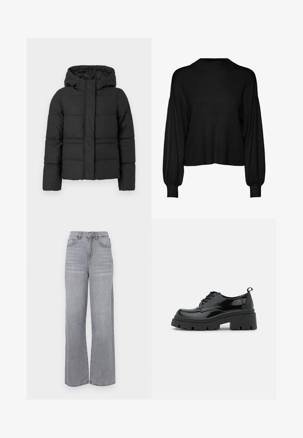 Must mustakate parka, mis on valmistatud tikitud kangast, millel on kapuuts, lukuga sulgemine ja veidi lühem lõige. Sile tekstuur koos polsterdatud osadega.; Mustmust, lühike kampsun pikkade, volüümsete varrukatega. Omab kõrget kaelust ja soonikutekti. Valmistatud pehmest kudumist materjalist.; Kõrgelt taljes laiad teksad helesinisest denimist, mis on pleekinud viimistlusega, eesnupu sulgemise ja viie taskuga.; Mustad mustri kingad, millel on paks platvormsüstal ja paksed nöörid. Ümar nina, minimaalne detaljide arv ja väike kannataga tab.