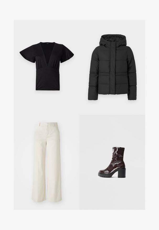 Must mustakate parka, mis on valmistatud tikitud kangast, millel on kapuuts, lukuga sulgemine ja veidi lühem lõige. Sile tekstuur koos polsterdatud osadega.; Musta lühikeste varrukate ja pehme kangaga topp, millel on sügav V-kaelus ja keiserlik vöökoht koos kogutud detailidega. Sile tekstuur, mugav lõige.; Laiad püksid helesbežis värvitoonis, valmistatud siledast kangast. Omavad klassikalist vööd ja siledat fronti puhaste joontega.; Klakav läikiv burgundi värvi pahkluu saabas, millel on paks must konts, sile tekstuur ja lihtne disain. Nähtavad kinnitused või mustrid puuduvad.