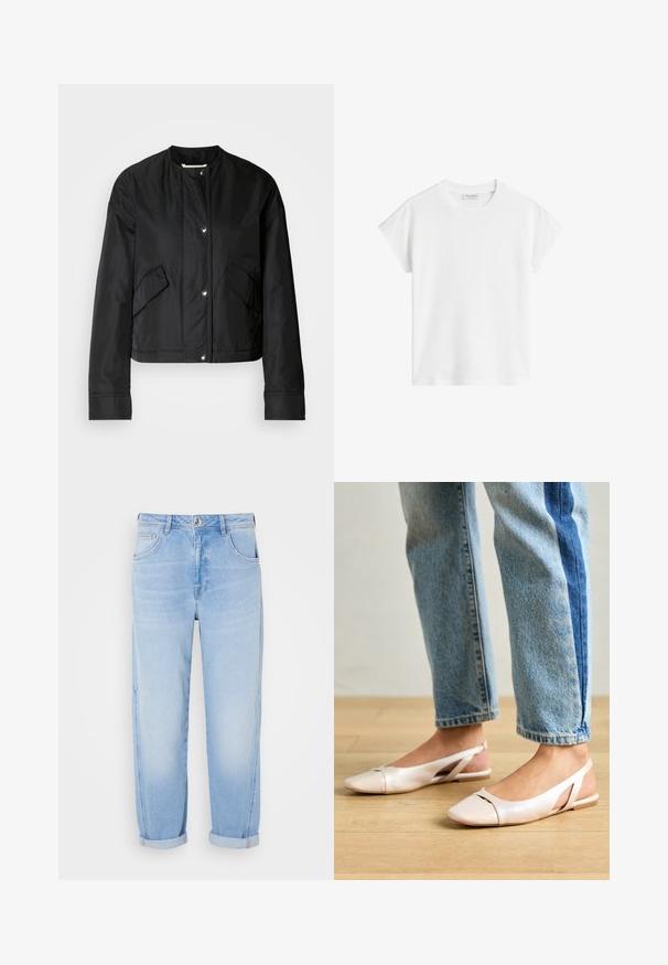 Črn skrajšan jopič iz gladkega blaga, z okroglim izrezom, gumbi na pritisak in dvema stranskima žepoma. Preprost dizajn brez vzorcev.; Bela majica s kratkimi rokavi iz bombaža. Ima sproščen kroj z okroglim izrezom in rahlo spuščeno šivov na ramionih. Brez vzorcev ali dodatkov.; Svetlo modri džins hlače z visokim pasom, ravnim krojem, zavitimi manšetami in petimi žepi. Rahlo zbledela tekstura z vidnimi šivi.; Svijetloružičaste slingback balerinke s šiljastim nožnim prstima, napravljene od glatkog materijala nalik koži. Imaju izrezane detalje sa strane i ravne pete.
