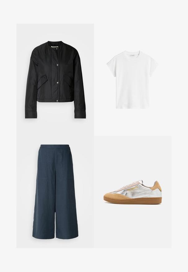 Black cropped jacket made of smooth fabric, featuring a round neckline, snap buttons, and two side pockets. Simple design with no pattern.; White short-sleeve t-shirt made of cotton. Features a relaxed fit with a crew neckline and slightly dropped shoulder seams. No patterns or accents.; Wide-leg trousers in navy blue, made from lightweight fabric. Features a slightly textured surface, elastic waistband, and front seams.; Silver and tan suede sneaker with a textured rubber sole, beige laces, and a logo printed in yellow on the side.