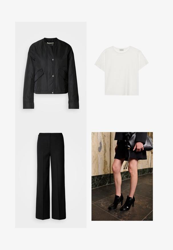 Fekete rövid fazonú dzseki sima anyagból, kerek nyakkivágással, patentgombokkal és két oldalsó zsebbel. Egyszerű dizájn, minta nélkül.; Fehér, rövid ujjú póló, puha pamutból készült. Kerek nyakkivágással és laza szabással rendelkezik. Tiszta dizájn, látható minták vagy díszítések nélkül.; Fekete, széles szárú nadrág sima anyagból, magas derekú, üzemben készült varrásokkal és minimalista dizájnnal. Nincsenek látható fémrészek vagy zsebek.; Fekete bokacsizmát és fekete szoknyát viselő nő, aki egy nagy fekete bőrtáskát tart, sötét csempés padlón áll egy márványfal közelében.