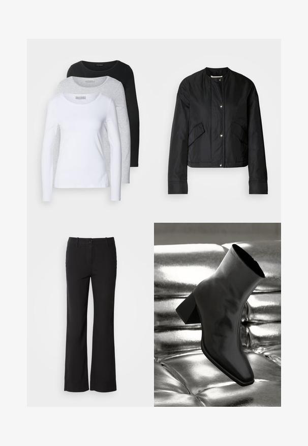 Czarna krótka kurtka wykonana z gładkiego materiału, z okrągłym dekoltem, zatrzaskami i dwiema bocznymi kieszeniami. Prosty design bez wzorów.; Trzy długie koszulki z długim rękawem w kolorach białym, szarym i czarnym; okrągłe dekolty; gładki materiał; widoczne metki na szarej koszulce w celu identyfikacji marki.; Czarne spodnie z bawełny z prostymi nogawkami, z zapięciem na guzik z przodu i dwoma bocznymi kieszeniami. Gładka faktura, brak widocznych wzorów.; Czarne botki za kostkę wykonane z błyszczącego materiału, z kwadratowym noskiem i zwężającym się obcasem, na tle błyszczącego srebrnego tapicerowanego tła.