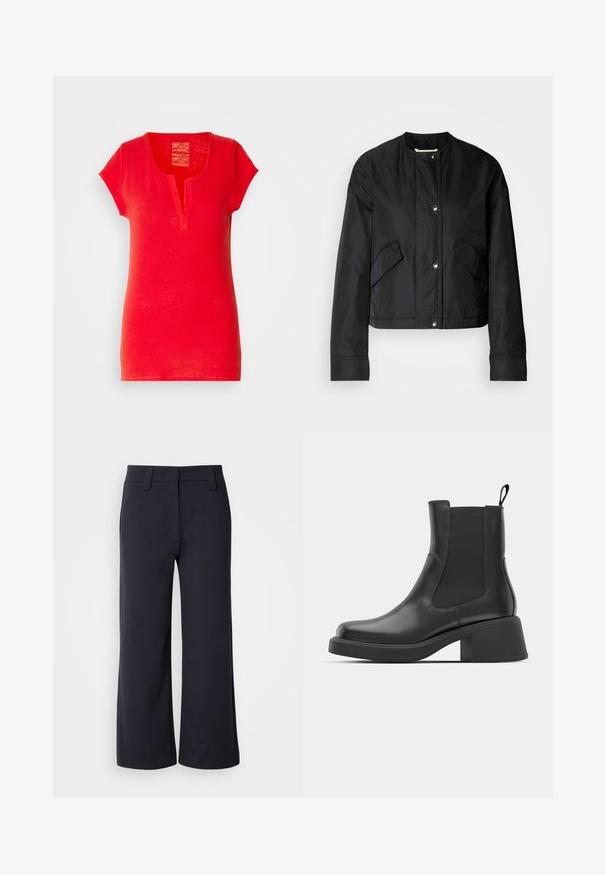Czarna krótka kurtka wykonana z gładkiego materiału, z okrągłym dekoltem, zatrzaskami i dwiema bocznymi kieszeniami. Prosty design bez wzorów.; Czerwona bawełniana koszulka z krótkim rękawem, z kołnierzykiem w kształcie notcha i teksturowanym wykończeniem. Posiada prosty, prostoliniowy krój bez wzorów.; Spodnie o szerokich nogawkach w ciemnonawowym materiale. Posiadają płaski przód, szlufki na pasek oraz kieszenie boczne. Materiał jest gładki z lekkim streczem.; Czarne skórzane botki na kostkę z elastycznymi panelami bocznymi, okrągłym noskiem i grubym słupkowym obcasem. Gładka faktura z minimalistycznym wzornictwem.