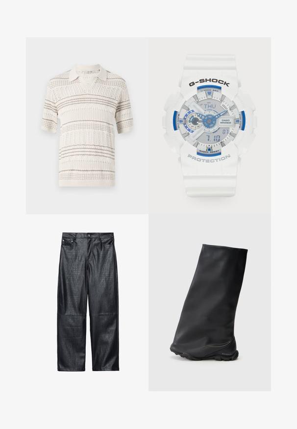 Cropped black leather jacket with a zipper closure, wide collar, and oversized sleeves, featuring a smooth and glossy texture.; Knit short-sleeve polo shirt in beige with light brown horizontal stripes. Features a collared neckline and textured pattern throughout.; Black short-sleeve t-shirt with a large fierce orange and black tiger graphic and small orange "roberto cavalli" text on the front.; Black faux leather wide-leg pants featuring a crocodile texture, traditional five-pocket design, and silver-tone button and rivet details.; Black ankle boot featuring a smooth, matte texture with a snug, minimalist design and a rubber sole. Brand logo embossed on the heel.; White G-SHOCK watch with blue accents. Digital and analog displays, textured strap, water-resistant up to 20 bar, labeled buttons, and clear face.