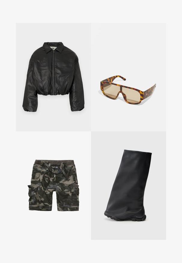 Kratka črna usnjena jakna z zadrgo, širokim ovratnikom in velikimi rokavi, ki se ponaša z gladko in sijočo teksturo.; Bela kratka majica z rokavi, ki prikazuje črno skico figur v gibanju, s rdečim besedilom "KIDSUPER IT'S ALL UP IN THE AIR" na sredini.; Maskirne kariraste hlače z žepi v temno zeleni in sivi barvi. Imajo več žepov, zadrgo in elastični pas z vezalkami. Iz trpežnega materiala.; Črne gležnjarje z gladko, mat teksturo, preprostega in tesnega dizajna ter gumo podplat. Logotip blagovne znamke vtisnjen na peti.; Sončna očala z masivnim okvirjem v oker vzorcu, odtenkov rjave in oranžne, z velikimi rjavimi lečami in elegantnim dizajnom.