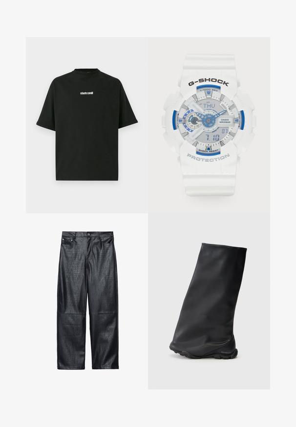 Cropped black leather jacket with a zipper closure, wide collar, and oversized sleeves, featuring a smooth and glossy texture.; Black short-sleeve oversized T-shirt with white "roberto cavalli" logo centered on the chest, crewneck collar, and rolled sleeve hems.; Black faux leather wide-leg pants featuring a crocodile texture, traditional five-pocket design, and silver-tone button and rivet details.; Black ankle boot featuring a smooth, matte texture with a snug, minimalist design and a rubber sole. Brand logo embossed on the heel.; White G-SHOCK watch with blue accents. Digital and analog displays, textured strap, water-resistant up to 20 bar, labeled buttons, and clear face.