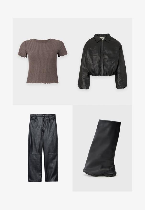 Jaqueta de couro preto cropped com fecho de zip, gola larga e mangas oversize, apresentando uma textura suave e brilhante.; T-shirt castanho com nervuras, de mangas curtas e com bainha em formato de escalope. Feito de um tecido suave, apresenta um decote redondo e um design justo.; Calças largas de imitação de pele de crocodilo pretas, apresentando uma textura de croco, design tradicional de cinco bolsos e detalhes em botão e rebites prateados.; Bota preta de tornozelo com uma textura suave e mate, apresentando um design minimalista ajustado e uma sola de borracha. Logótype da marca em relevo no salto.