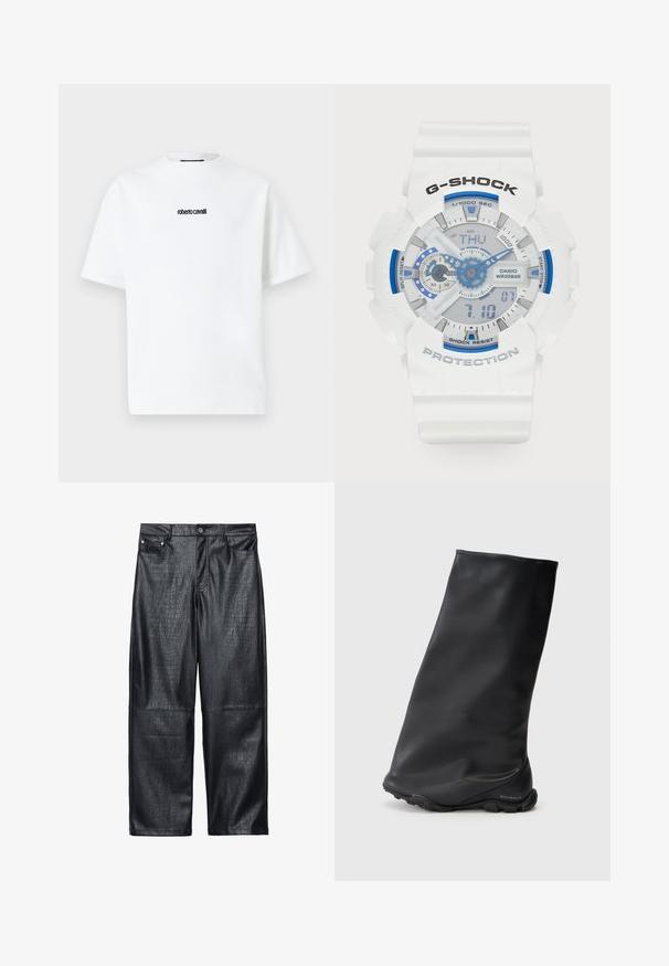Krátka čierna kožená bunda so zipsom, širokým golierom a nadmernými rukávmi, s hladkou a lesklou textúrou.; Biela tričko s krátkym rukávom a okrúhlym výstrihom, na hrudi je umiestnený malý čierny nápis "roberto cavalli".; Čierne nohavice z faux kože s širokými nohavicami, ktoré majú textúru krokodíla, tradičný dizajn s piatimi vreckami a detaily z strieborného kovu na gombíku a nitkách.; Čierne členkové topánky s hladkou, matnou textúrou, tesným minimalistickým dizajnom a gumovou podrážkou. Logo značky embosované na päte.; Biela G-SHOCK hodinky s modrými akcentmi. Digitálne a analógové displeje, štruktúrovaný remienok, vodonepriepustné do 20 barov, označené tlačidlá a jasný ciferník.