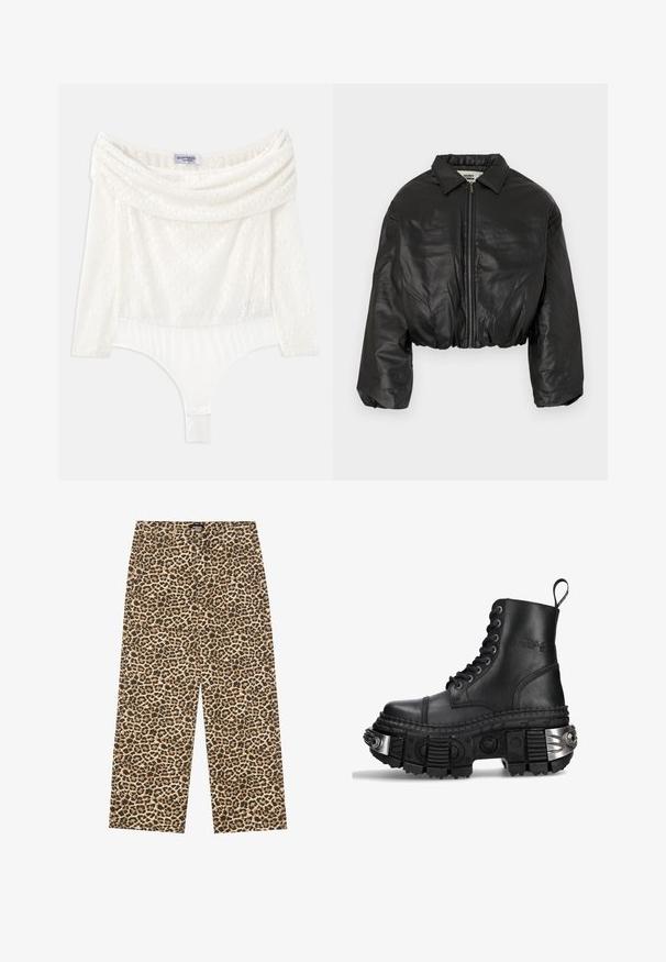 Cropped black leather jacket with a zipper closure, wide collar, and oversized sleeves, featuring a smooth and glossy texture.; White lace bodysuit with an off-shoulder neckline, three-quarter sleeves, and a smooth bottom panel. Features intricate floral patterns.; YOURTURN UNISEX - Relaxed fit jeans - beige/black; Black leather combat boot with high top, round toe, thick textured sole, silver hardware accents, and distinctive tread pattern.