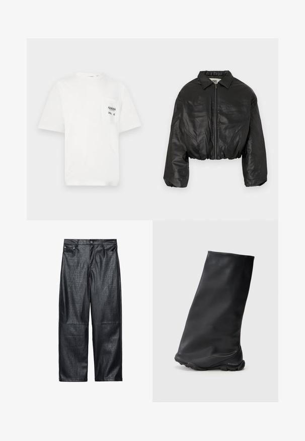 Giubbotto in pelle nera accorciato con chiusura a zip, colletto ampio e maniche oversize, caratterizzato da una texture liscia e lucida.; T-shirt bianco in cotone con scollo rotondo, maniche corte e taschino sul petto sinistro che presenta il testo "ODESSA" e dettagli a scacchi.; Pantaloni a gamba larga in ecopelle nera con texture a contrasto a forma di coccodrillo, design tradizionale a cinque tasche e dettagli in metallo argentato su bottoni e rivetti.; Stivale alla caviglia nero con una texture liscia e opaca, caratterizzato da un design minimalista e una suola in gomma. Logo del marchio stampato sul tallone.