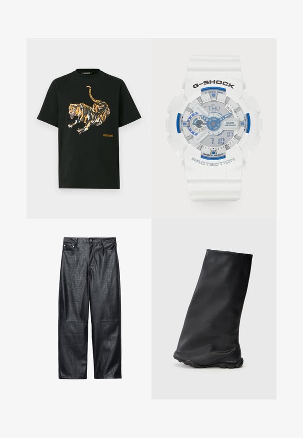 Lyhyempi musta nahkatakki, jossa on vetoketjusuljenta, leveä kaulus ja ylisuuria hihansuita, joka tuo esiin sileän ja kiiltävän pinnan.; Mustat lyhyet hihat t-paita, jossa on suuri pelottava oranssi ja musta tiikeri graafiikka ja pieni oranssi "roberto cavalli" teksti etupuolella.; Musta keinonahkaiset leveälahkeiset housut, joissa on krokotiilinkuosiset yksityiskohdat, perinteinen viisi taskua -muotoilu sekä hopeanväriset napit ja niitit.; Musta nilkkuri, jossa on sileä, matta pintasuoja ja tiukka, minimalistinen muotoilu sekä kumipohja. Brändin logo on kohokuvioitu kantapään kohdalla.; Valkoinen G-SHOCK-kello sinisillä yksityiskohdilla. Digitaaliset ja analogiset näytöt, teksturoitu ranneke, vedenkestävä jopa 20 baarin syvyyteen, merkittyjä painikkeita ja selkeä näyttö.