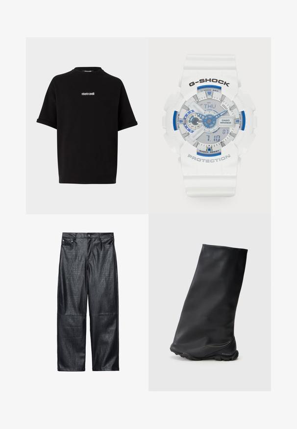 Krátka čierna kožená bunda so zipsom, širokým golierom a nadmernými rukávmi, s hladkou a lesklou textúrou.; Čierne tričko s krátkym rukávom s malým bielym logom "roberto cavalli" umiestneným na hrudi, s okrúhlym výstrihom a rolovanými rukávmi.; Čierne nohavice z faux kože s širokými nohavicami, ktoré majú textúru krokodíla, tradičný dizajn s piatimi vreckami a detaily z strieborného kovu na gombíku a nitkách.; Čierne členkové topánky s hladkou, matnou textúrou, tesným minimalistickým dizajnom a gumovou podrážkou. Logo značky embosované na päte.; Biela G-SHOCK hodinky s modrými akcentmi. Digitálne a analógové displeje, štruktúrovaný remienok, vodonepriepustné do 20 barov, označené tlačidlá a jasný ciferník.