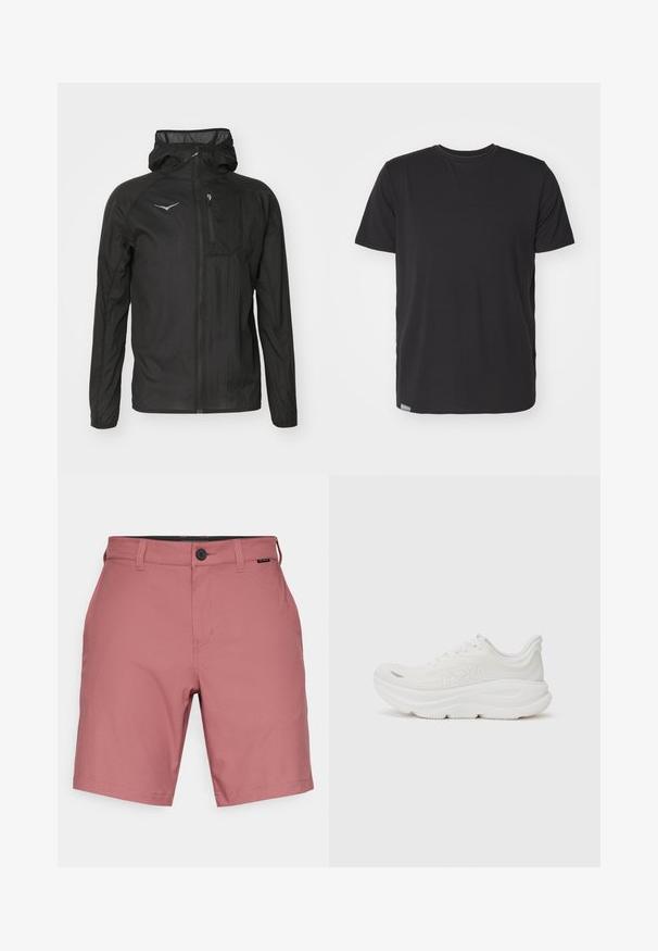 Crna lagana jakna izrađena od teksturirane tkanine, s patentnim zatvaračem sprijeda, kapuljačom i malim džepom na prsima s logom.; Crna majica s kratkim rukavima od glatkog pamuka, s okruglim izrezom i malom etiketom na donjem lijevom šavu.; Crvene kratke hlače s teksturom, ravnim prednjim dijelom, zatvaranjem na gumb i petljama za remen. Imaju klasičan kroj s glatkom završnom obradom i bez vidljivih uzoraka.; Bijela sportska cipela s uložkom koji upija udarce, teksturiranim gornjim dijelom i ojačanim prstom. Ima istaknut logo sa strane i aerodinamičan dizajn.