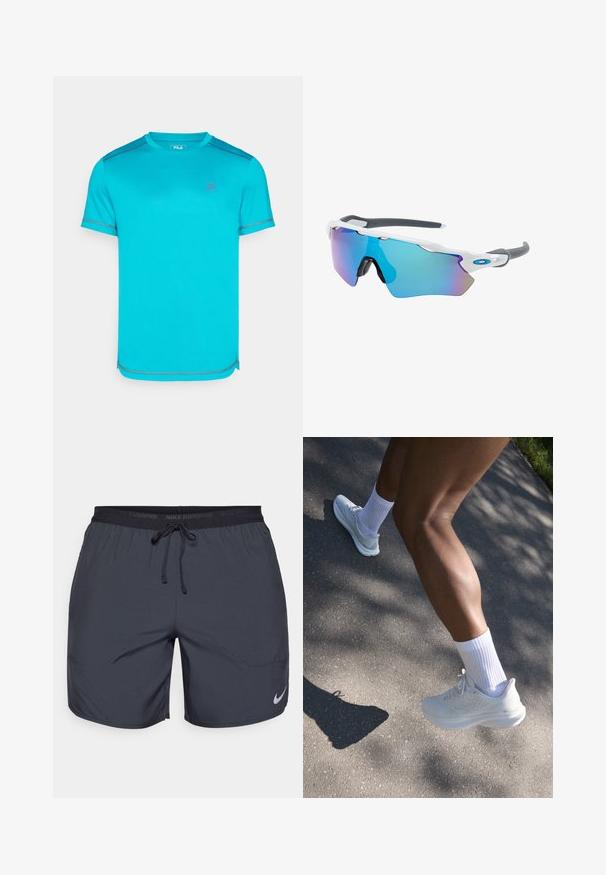 Melnā vieglā jaka, kas izgatavota no struktūrfasbri, ar rāvējslēdzēja priekšu, kapuci un nelielu krūšu kabatu ar logotipa akcentu.; Tirkīza krāsas sporta krekls ar īsām piedurknēm, kontrastējoša pelēka šuvums un neliels logotips uz krūšu daļas. Gluda tekstūra, regulāra piegriezuma.; Nike skriešanas šorti tumši pelēkā krāsā, ar elastīgu jostu un auklu, kā arī sudraba logotipu zem labā kājas apakšdaļā.; Baltie sporta apavi ar teksturētu virsu, šņorēm un mīkstu zoli, apvienoti ar baltām potīšu zeķēm, uz pelēka seguma fona.; Saulesbrilles ar baltu rāmi, pelēkiem akcentiem un ziliem spoguļobjektīviem. Sportisks dizains, apņemjoša forma un regulējami deguna spilventiņi.