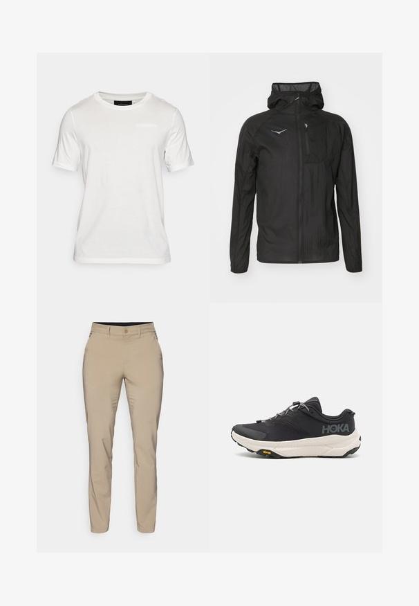 Svart lett jakke laget av teksturert stoff, med glidelås foran, hette og en liten brystlomme med logo.; Hvit t-skjorte med korte ermer laget av mykt stoff. Har rund halsutskjæring og en subtil merkevaredetalj i midten foran.; Beige bukser laget av et glatt stoff med smal passform, med en enkelt knapping og sidelommer, som slutter ved ankelen.; Svart treningssko med teksturert overdel, grå detaljer, reflekterende elementer og en tykk hvit såle med Vibram-merke.