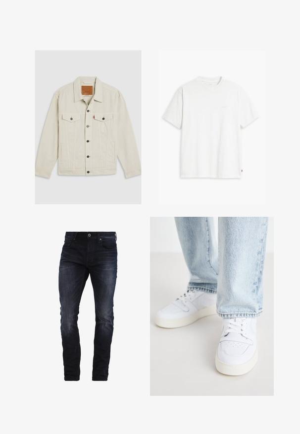 Light beige denim jacket with a collar, button front, two chest pockets, and contrasting dark buttons. Features vertical stitching details.; White cotton t-shirt with short sleeves, crew neck, and subtle Levi's logo printed in the center. Soft texture and standard fit.; Dark blue denim jeans with a slim fit, featuring subtle whiskering, classic 5-pocket design, and a zip fly with a button closure.; White leather low-top sneakers with perforated toe, flat laces, and minimalistic design. Paired with light blue denim jeans.