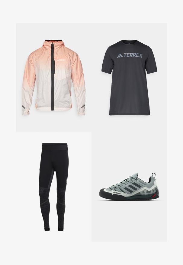 Kergesti roosa gradient jakker, millel on must eesmine lukustus, reguleeritav kapuuts ja rinnatasku. Omab tekstuurset materjali ja logoga aksenti.; Must musta t-särk, mis on valmistatud kergetest kangast, millel on kergehall "TERREX" logo rinnaeest ja ümar kaelus.; Mustemad atleetleegid sileda tekstuuriga, mustrilise alumise osa, laia vöökohaga ja külgedel peegeldava brändinguga.; Hallid hallid ronimissaapad, millel on tekstureeritud pealispind, must kummist varbakaitse, kolm tumedat triipu ja väike punane aktsent tallal.