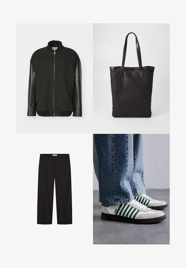 Schwarze Bomberjacke mit Baumwollkörper, Lederärmeln, einem Frontreißverschluss und einer Brusttasche mit dezenten Musterdetails.; Schwarzer Rollkragensweater aus weichem Strickstoff, mit langen Ärmeln und gerippten Bündchen und Saum. Dezentes Logo in Schwarz auf der Brust.; Schwarze Weite Hosen aus glattem Stoff. Besitzt einen Knopf- und Reißverschluss, zwei Fronttaschen und einen sauberen Saumabschluss.; Weiße und grüne Sneaker aus Wildleder und Leder mit grünen Streifen, weißen Schnürsenkeln und einer Gummisohle. Kombiniert mit blauen Jeans.; Schwarze Stofftote mit schwarzen Ledergriffen. Einfaches Design, geräumiger Körper und glatte Textur. Keine sichtbaren Logos oder Muster.