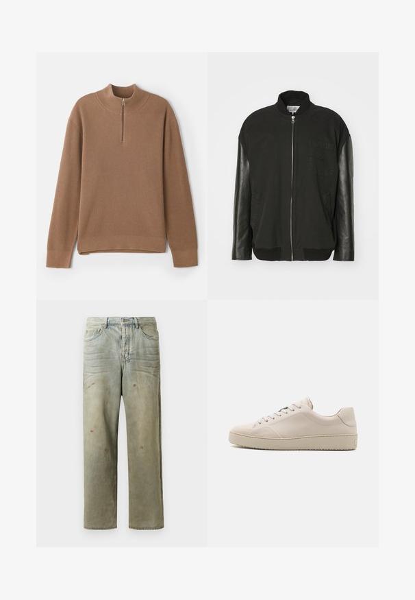 Melnā bumbiera jaka ar kokvilnas korpusu, ādas piedurknēm, priekšējo rāvējslēdzēju un krūšu kabatu ar smalku rakstu izšuvumu.; Brūns ribotais džemperis ar augstu apkakli un pusi ar rāvējslēdzēju. Iespējotas garas piedurknes un taisna apakšmala ar sānu šķēlumiem vieglai pārvietošanai.; Izsistās džinsās gaisā zaļā krāsā, ar taisnu kāju, piecu kabatu dizainu un nevienmērīgu izbalēšanu, kā arī krāsas šļakatas.; Bežīgas ādas sporta kurpes ar gludu virsmu, noapaļota purngala daļa, plakanā zole un klasiskā sasienamo kurpju dizains. Subtilas šuves akcenti un teksturēta zole.