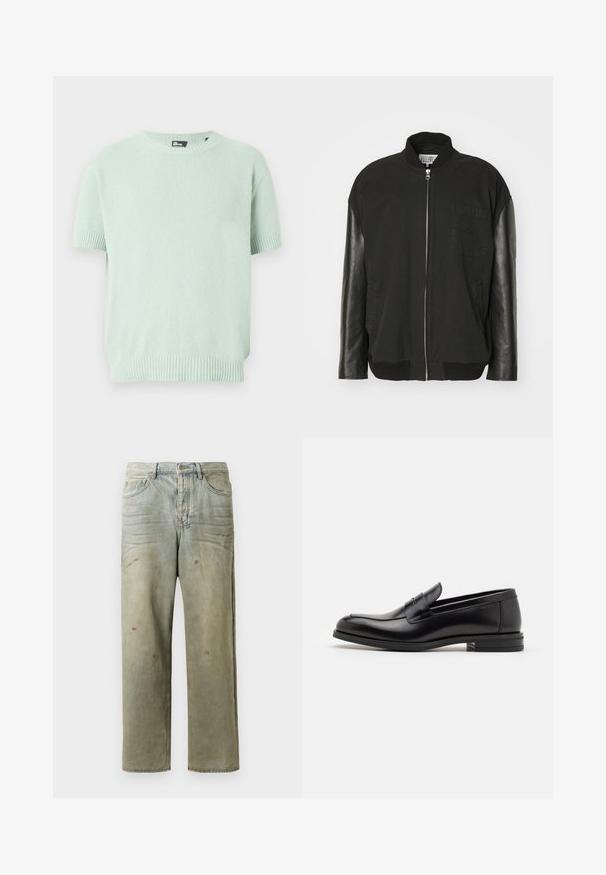 Black bomber jacket featuring cotton body, leather sleeves, a front zipper, and a chest pocket with subtle pattern detailing.; Light green short-sleeve knit sweater with ribbed cuffs, hem, and crew neckline, made of textured fabric.; Distressed denim jeans in light green, featuring a straight leg, five-pocket design, and uneven fading with paint splatters.; Black leather loafers with a smooth texture, rounded toe, and a decorative strap across the vamp. Low stacked heel, minimalist design.