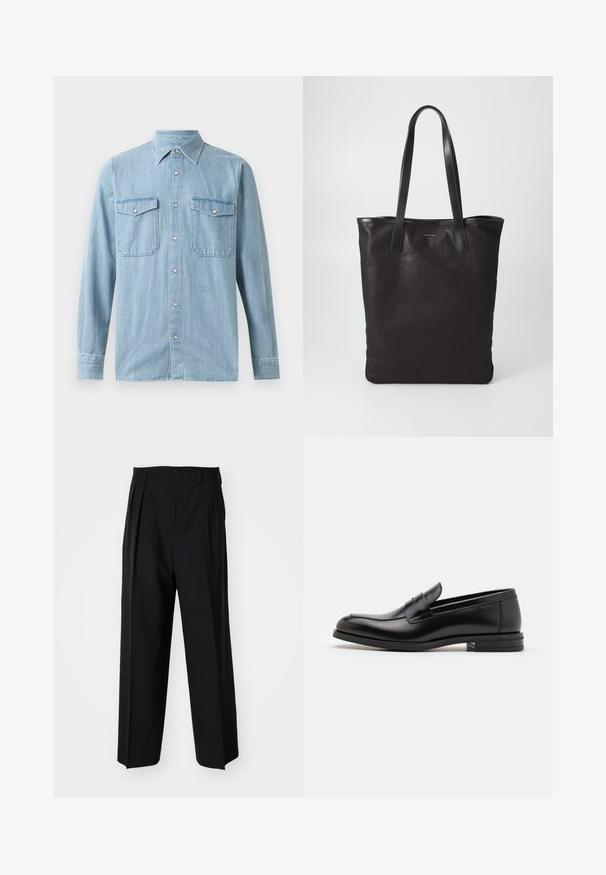 Melnā bumbiera jaka ar kokvilnas korpusu, ādas piedurknēm, priekšējo rāvējslēdzēju un krūšu kabatu ar smalku rakstu izšuvumu.; Gai zils džinsu krekliņš ar pogu aizdari priekšā, norādītu apkakli, divām krūšu kabatām un pogu aprocēm. Gluda tekstūra ar minimālu kaut kādā ziņā.; Melnas plisētās bikses ar taisnu, plata kāja dizainu. Izgatavotas no gludas auduma, ar pogu aizdari un jostas cilpiņām.; Melnas ādas kurpes ar gludu tekstūru, noapaļu purngalu un dekoratīvu siksniņu pāri priekšpusei. Zems sakrauts papēdis, minimālisma dizains.; Melnas auduma iepirkumu soma ar melnām ādas rokturiem. Vienkāršs dizains, plaša forma un gluda tekstūra. Nav redzamu logo vai rakstu.